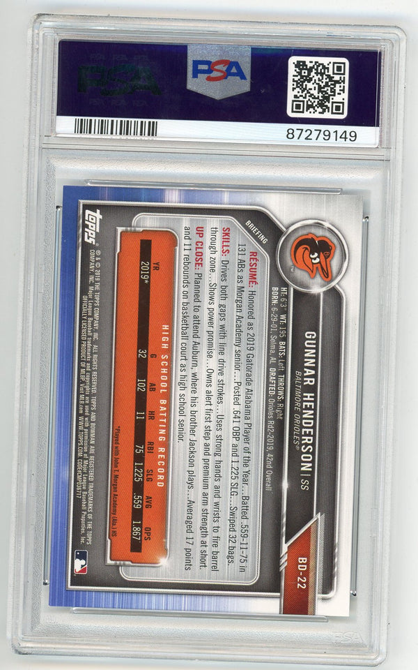 Gunnar Henderson 2019 Bowman Draft #BD22 PSA 9