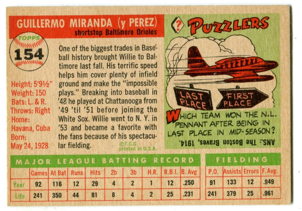 Willie Miranda 1955 Topps #154 Card