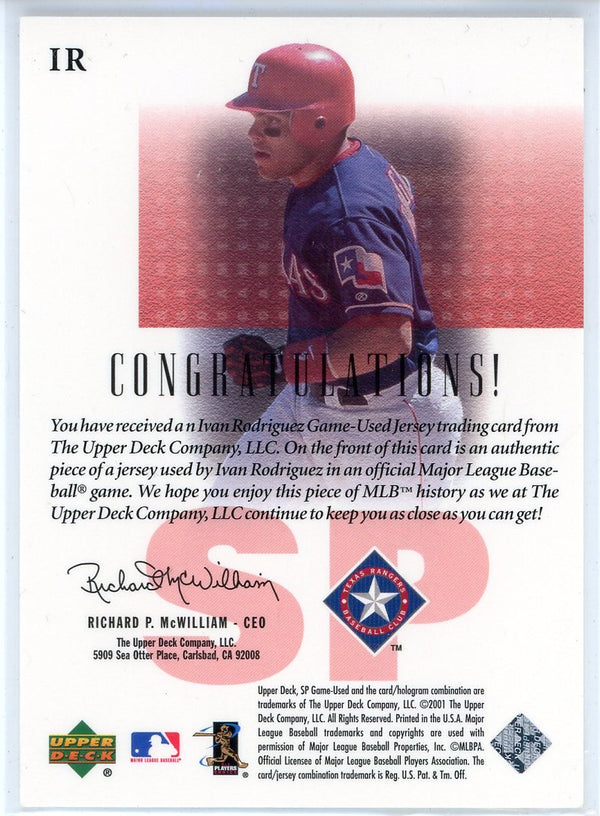 Ivan Rodriguez 2001 Upper Deck SP Game Used Authentic Fabric Card #IR