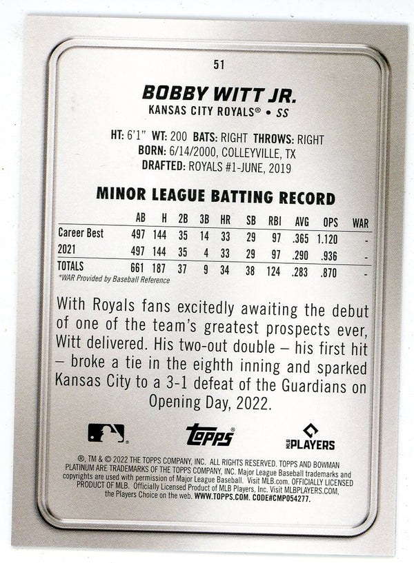 Bobby Witt Jr 2022 Topps Bowman Platinum Rookie Card #51