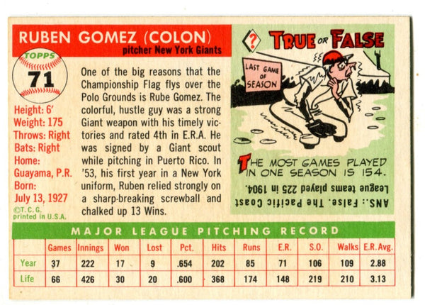 Ruben Gomez 1955 Topps #71 Card