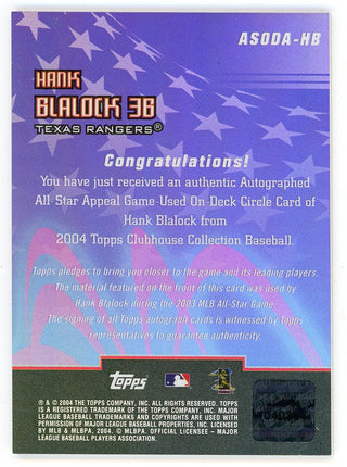 Hank Blalock 2004 Topps Autographed All-Star Appeal Patch Relic #ASODA-HB