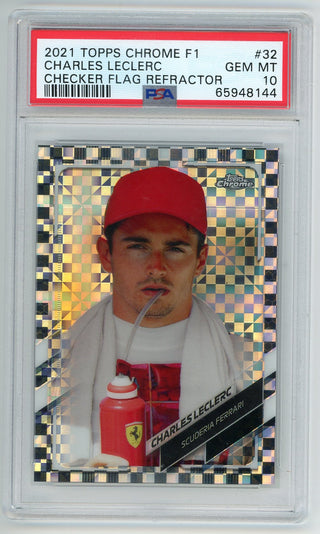 Charles Leclerc 2021 Topps Chrome Checker Flag Refractor #32 PSA 10