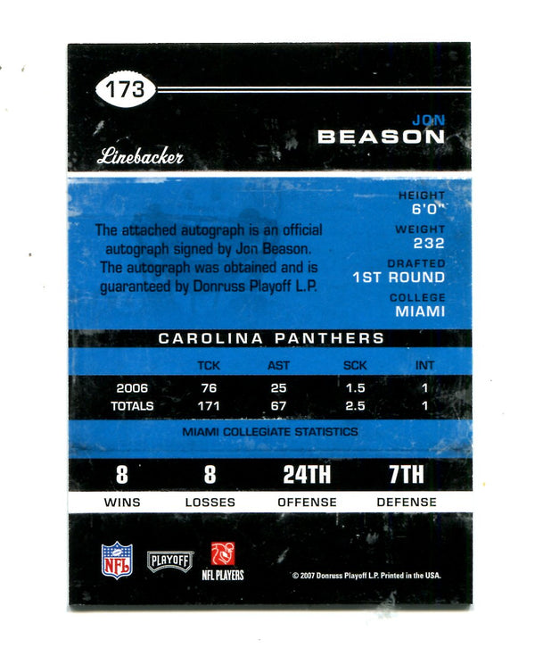 Jon Beason 2007 Donruss Playoff Rookie Ticket Autographed Card #173