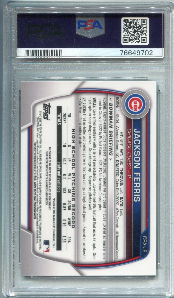 Jackson Ferris 2023 1st Bowman Chrome Autograph Green Grass Refractor PSA 10