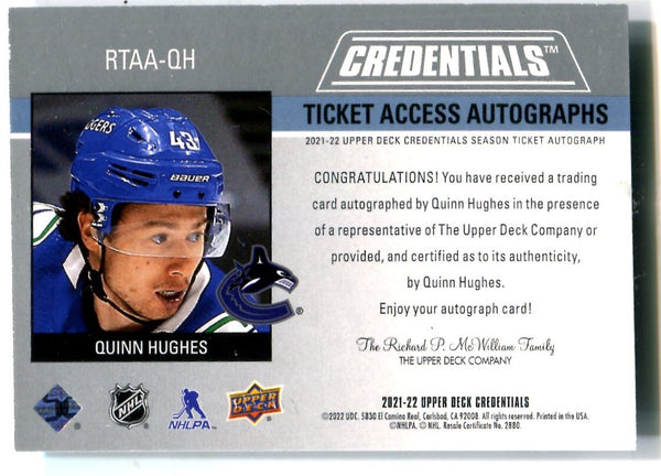 Quinn Hughes 2021 Upper Deck Credentials Autographed Card #RTAAQH /25