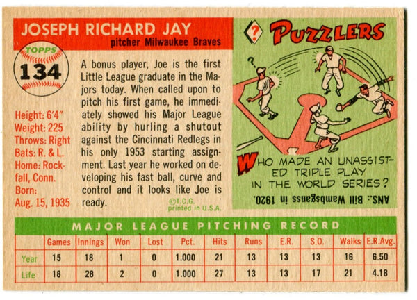 Joe Jay 1955 Topps #134 Card