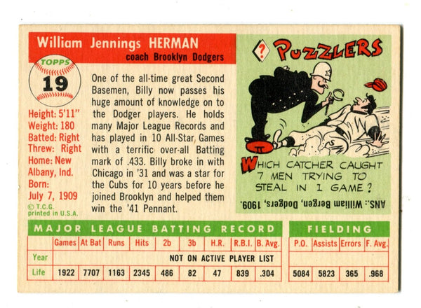 Billy Herman 1955 Topps #19 Card