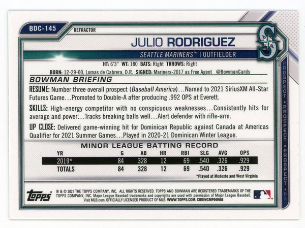 Julio Rodriguez 2021 Topps Bowman Chrome Silver Refractor #BDC-145 Card