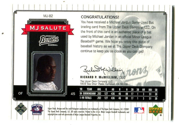 Michael Jordan 2001 Upper Deck Mj Salute #MJB2 Bat Card