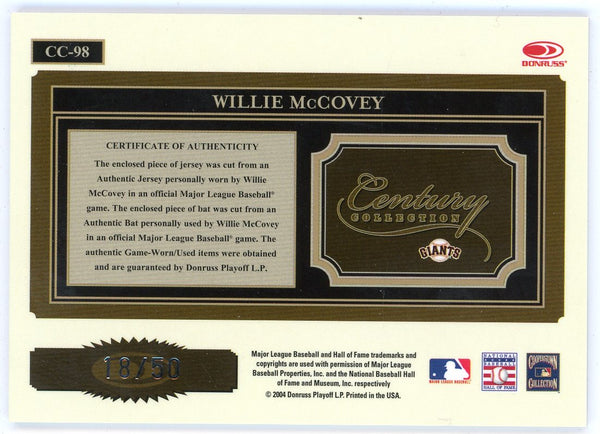 Willie McCovey 2004 Donruss Throwback Threads Century Collection Patch/Bat Relic #CC-98