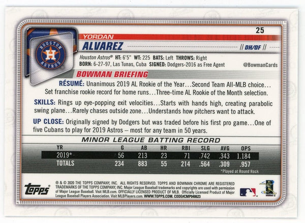 Yordan Alvarez 2020 Topps Bowman Chrome #25 Card