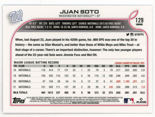 Juan Soto 2022 Topps Pink Chrome Silver #129 Card