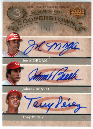 Joe Morgan Johnny Bench & Tony Perez Autographed 2005 Upper Deck Signs of Cooperstown Card #MBP