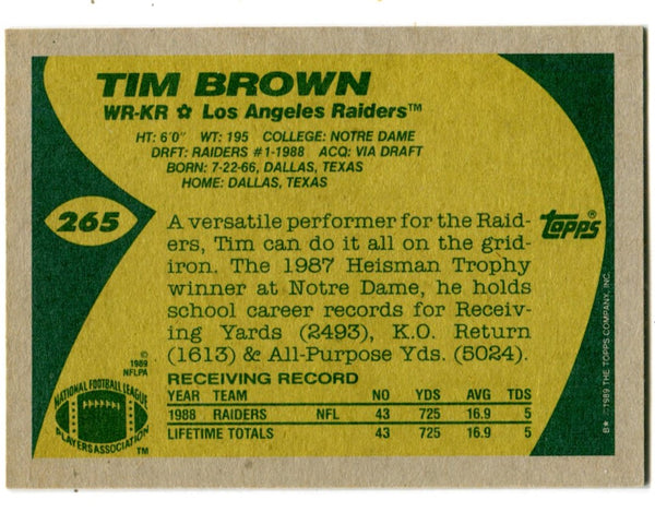 Tim Brown 1989 Topps All-Pro Autographed Card #265