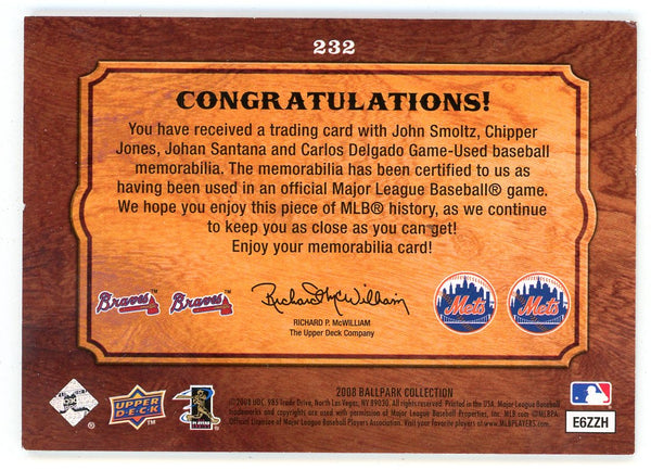 John Smoltz/ Johan Santana/ Chipper Jones/ Carlos Delgado 2008 Upper Deck Quad Swatch Memorabilia Patch Relic #232