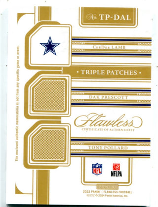 Dak Prescott/CeeDee Lamb/ Pollard 2023 Panini Flawless #TPDAL Patch Gold /25