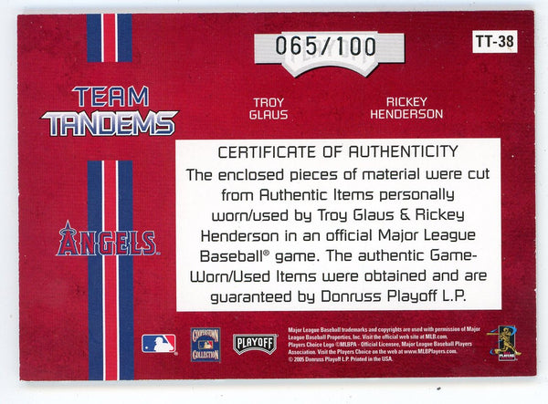 Rickey Henderson / Troy Glaus 2005 Donruss Team Tandems Bat/Patch Relic #TT-38