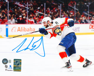 Aaron Ekblad Autographed Panthers Shooting White Jersey 8x10 Photo