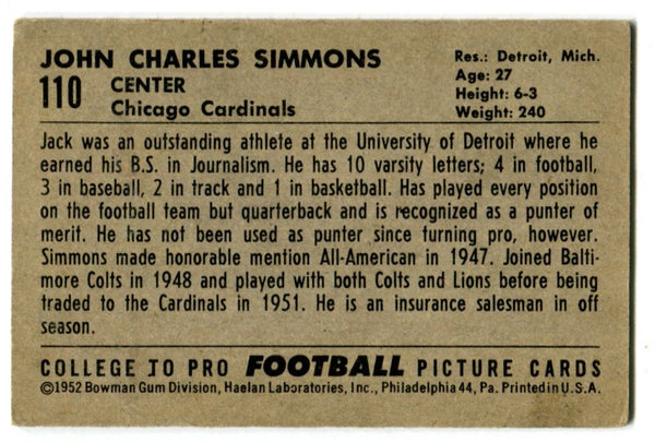 John Charles Simmons 1952 Bowman #110 Card