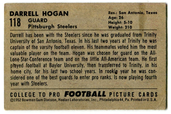 Darrell Hogan 1952 Bowman #118 Card