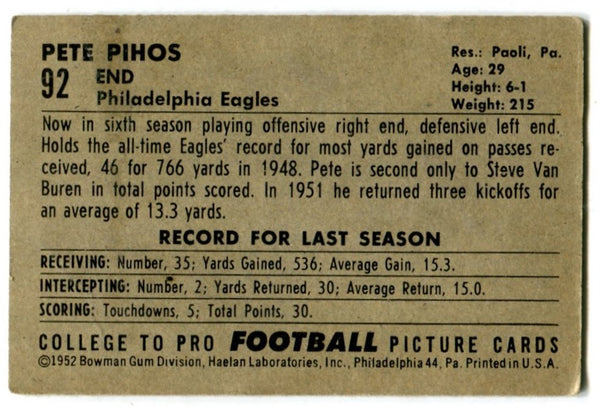 Pete Phios 1951 Bowman Football #92 Card