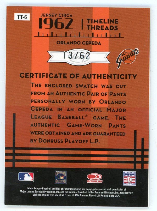 Orlando Cepeda 2005 Leaf Century Collection Timeline Threads Patch Relic #TT-6