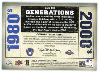 Paul Molitor & Ryan Braun 2008 Upper Deck SP Legendary Cuts Generations Memorabilia Patch Card #GEN-MB