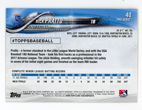 Nick Pratto 2018 Topps Autographed Pro Debut Card #40