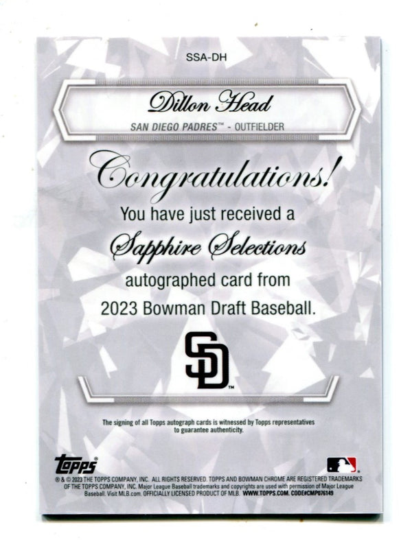 Dillon Head 2023 Topps Bowman Chrome Sapphire Collections #SSADH  Auto