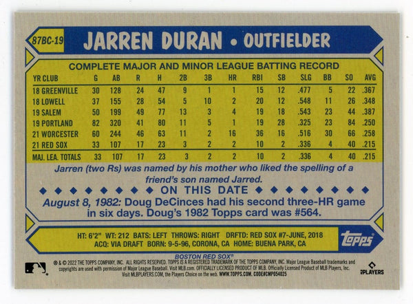 Jarren Duran 2022 Topps Chrome Bronze #87BC-19 Card