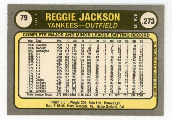 Reggie Jackson 1981 Fleer Mr. Baseball #79 Card