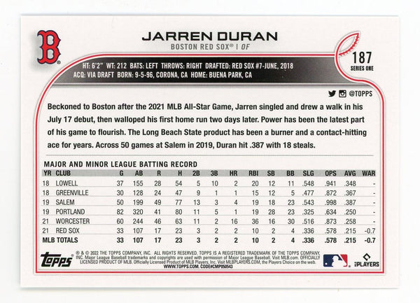 Jarren Duran2022 Topps Series One #187 Card