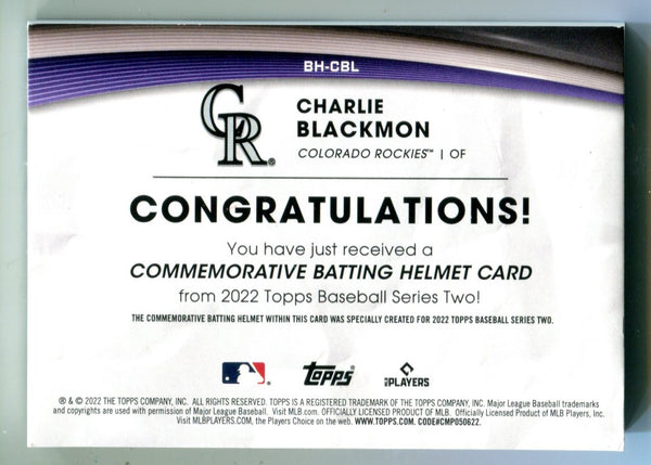 Charlie Blackmon 2022 Topps Series Two Commemorative Batting Helmet Card #BHCBL