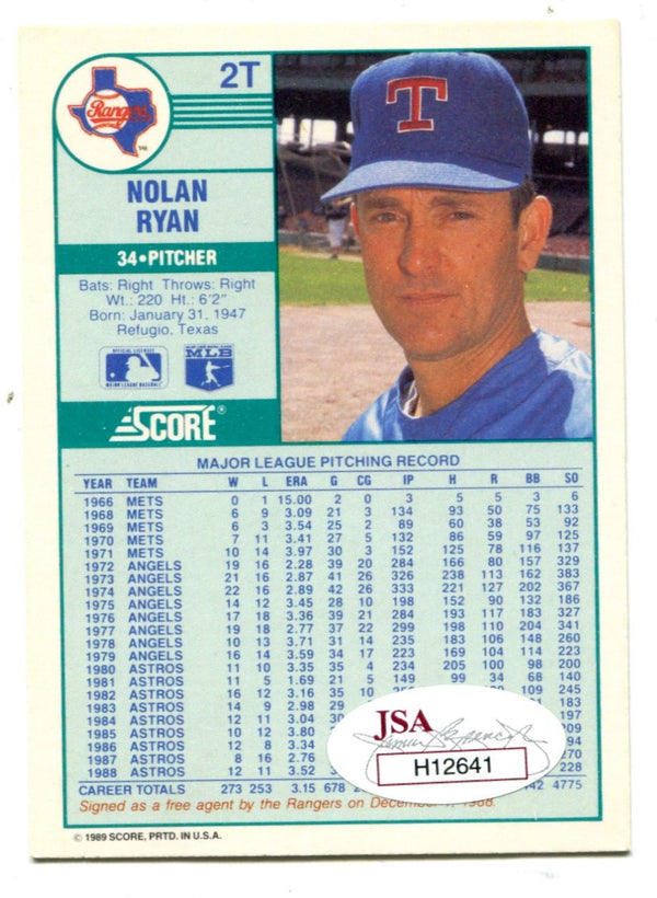 Nolan Ryan 1989 Score 2T Autographed Card 191/500  (JSA )