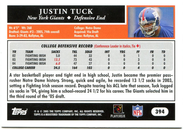 Justin Tuck Autographed 2005 Topps Rookie Card