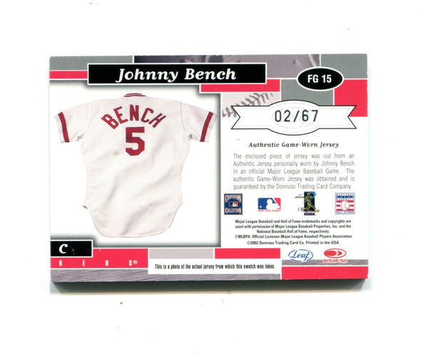 Johnny Bench 2002 Donruss Fabric of the Game #FG15 02/67 Card