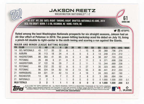 Jackson Reetz 2022 Topps Series One #61 Card