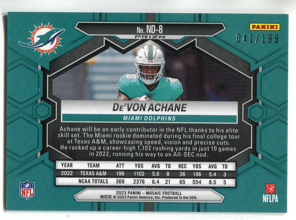 De'Von Achane 2023 Panini Mosaic NFL Debut Orange Prizm Rookie Card #ND-8