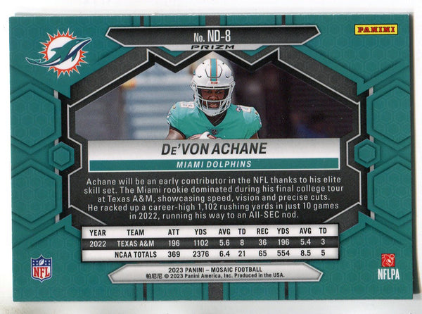 De'Von Achane 2023 Panini Mosaic NFL Debut Green Prizm Rookie Card #ND-8