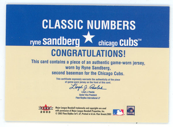 Ryne Sandberg 2003 Fleer Greats Classic Numbers Patch Relic