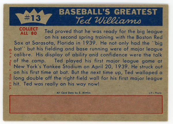 Ted Williams 1959 Fleer Baseball Card #13 1939 - Ted Shows He Will Stay