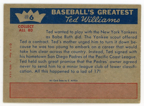 Ted Williams 1959 Fleer Baseball Card #6 Ted Turns Professional