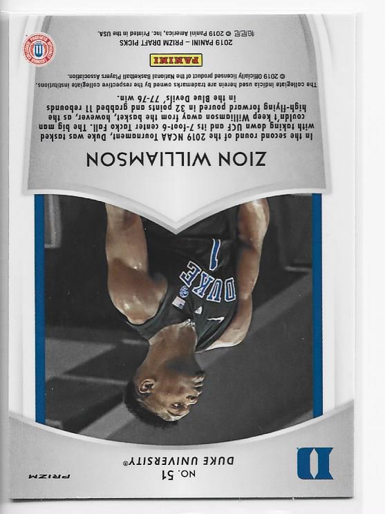 Zion Williamson 2019 Blue Prizm Draft Picks Rookie Card