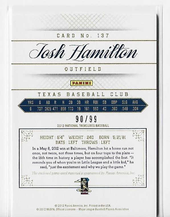 Josh Hamilton 2012 Panini #137 (90/99) National Treasures Card