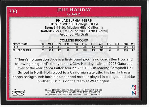 Jrue Holiday 2009 Topps Rookie Card #330