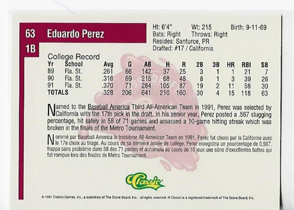 Eduardo Perez 1991 Classic Games #63 Autograph Draft Picks Card