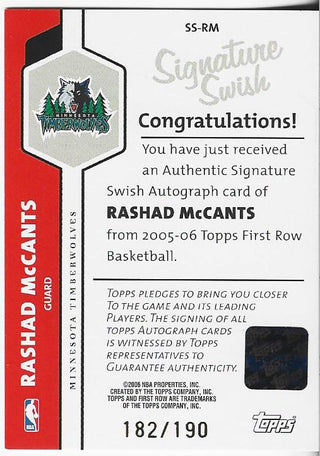 Rashad McCants 2006 Topps Autographed Card 182/190 #SS-RM