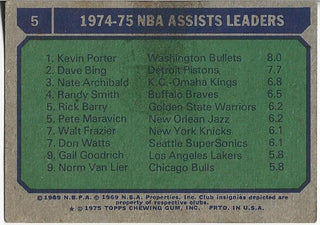 Kevin Porter, Dave Bing, and Nate Archibald 1975 Topps NBA Assists Leaders Card #5