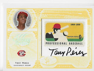 Tony Perez 2004 Donruss Playoff Postage Stamp, Piece of Bat Cut & Autographed Card #3/24